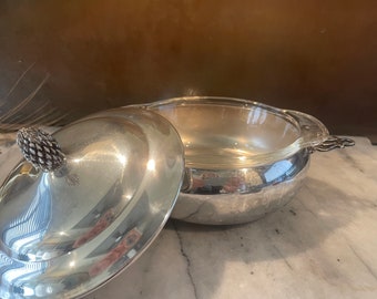 Covered Silver Caddy with Round Cut Glass Bowl Insert / Silver  Serving Dish / Perfect for Hot Appetizers / Thumbprint Glass Bowl