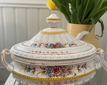 Italian Majolica Tureen with Ladle / Hand Painted Classical Motifs and Floral Pattern / Centerpiece or Buffet Decor / Rococo Styling