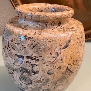 Puede incluir: Un jarr&oacute;n decorativo moteado, con un cuerpo redondeado y una peque&ntilde;a abertura acampanada. El jarr&oacute;n tiene una combinaci&oacute;n de colores beige y marr&oacute;n con patrones intrincados. El recipiente probablemente est&eacute; hecho de piedra o un material similar.