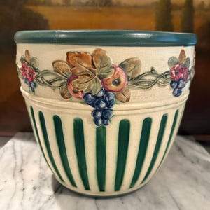 Vintage European Majolica Fruit Planter | French Country Jardinière with Fruit Motif | Green Striped Ceramic Cachepot | Cottage Garden Decor