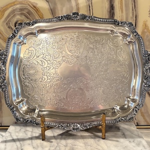 Large Antique Rectangular Silver Butler's Tray  / Heavy Footed Serving Platter / Ornate Silver / Trays & Platters / 21" x 14" Overall