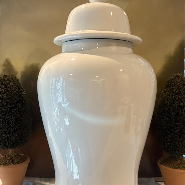 Grand Scale 24” White Porcelain Temple Jar with Lid / Classic Ginger Jar / Elegant Modern Chinoiserie Vase | Timeless Decorative Accent