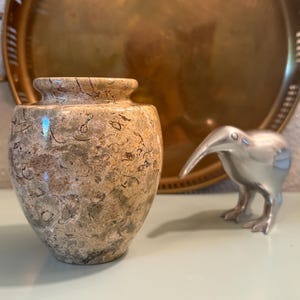 Puede incluir: Un peque&ntilde;o jarr&oacute;n de piedra moteada con cuerpo redondeado y cuello estrecho. A la derecha hay una figura de un p&aacute;jaro kiwi plateado. En el fondo, una bandeja grande y redonda de color dorado.