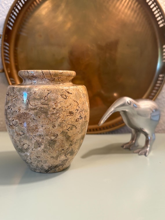 Fossil Stone Vase / Small Carved Limestone Vessel / Natural Stone Decor Organic Modern / Neutral Shelf Accent