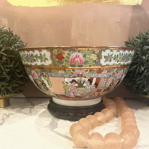 Grand Antique Qing Dynasty Famille Rose Punch Bowl / 12&quot; Diameter /  Hand Painted Porcelain / Vintage Chinese Ceramic / Chinoiserie Chic