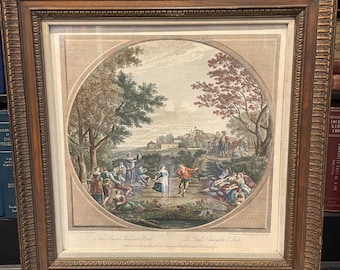 Antique Hand Tinted Etching of Tuscan Countryside by Francesco Bartolozzi (1727-1815) / Professionally Framed  / "The Rural Italian's Ball"