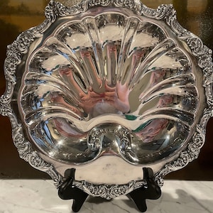 Vintage Poole Silver Serving Bowl / Shell Shaped Bowl / Footed Bowl /  Engraved Silver / Old English By Poole /  Heavy Silver