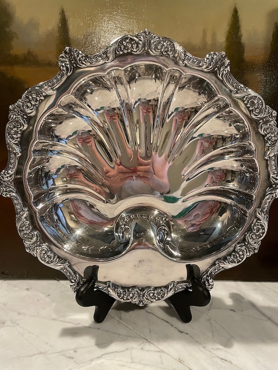 Vintage Poole Silver Serving Bowl, Shell Shaped, Griffin Engraved