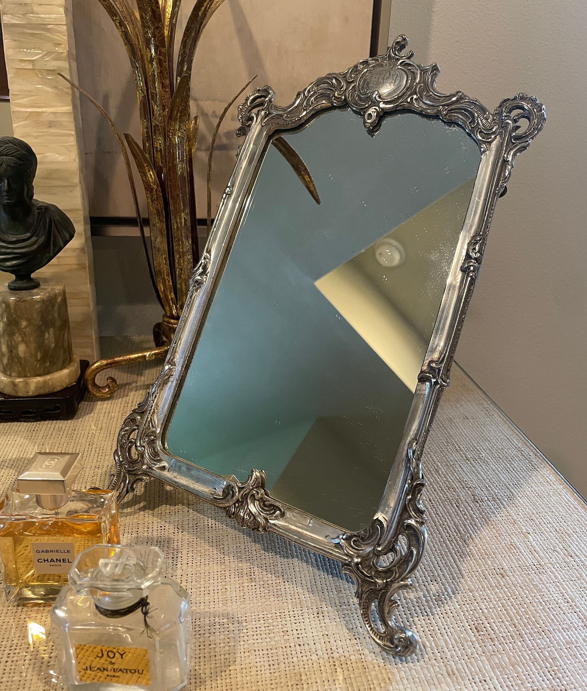 Vintage Rococo Style Vanity Mirror / Boudoir Decor / Silver 