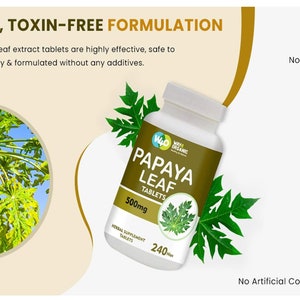 May include: A bottle of papaya leaf tablets, labelled "Way of Organic Papaya Leaf Tablets 500mg 240 Tabs", with a green papaya leaf illustration. The bottle is on a white background with a green papaya tree in the background. The bottle is labelled with the text "100% No Preservatives Dairy-Free Gluten-Free Soy-Free No Artificial Colours or Flavours".
