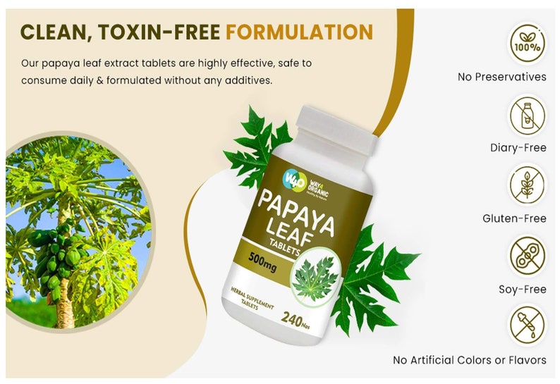 May include: A bottle of papaya leaf tablets, labelled "Way of Organic Papaya Leaf Tablets 500mg 240 Tabs", with a green papaya leaf illustration. The bottle is on a white background with a green papaya tree in the background. The bottle is labelled with the text "100% No Preservatives Dairy-Free Gluten-Free Soy-Free No Artificial Colours or Flavours".