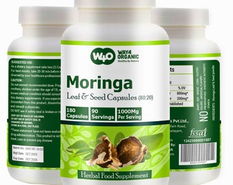 May include: Three white plastic bottles of Way4 Organic Moringa Leaf & Seed Capsules. The label features green accents, text stating 180 capsules, 90 servings, 1000mg per serving, and an illustration of moringa seeds and leaves.