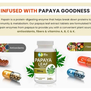 May include: A green bottle of papaya leaf tablets with a white label that says "Wild Organic Papaya Leaf Tablets 500mg 240 Tablets". The bottle is surrounded by images of various fruits and vegetables, including papaya, blueberries, strawberries, and raspberries. The text "Infused with Papaya Goodness" is at the top of the image. The text "Antioxidants, Fibres, Vitamin B2, Vitamin A, Vitamin C, Vitamin K" is also included in the image.