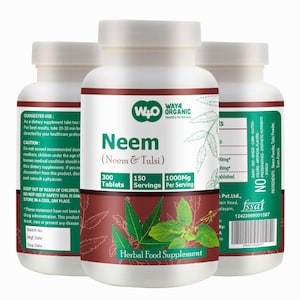 May include: Two white bottles of Neem (Neem & Tulsi) herbal food supplement tablets from Way4 Organic. Each bottle contains 300 tablets, 150 servings, and 1000mg per serving. The bottles are labeled with the ingredients, including Neem Powder, Tulsi Powder, and Gum Acacia.