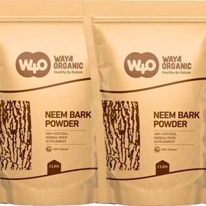 Może przedstawiać: Dwie beżowe torebki Way4 Organic Neem Bark Powder. Każda torebka ma brązowe logo, napis "NEEM BARK POWDER" i "100% Natural Herbal Food Supplement". Każda torebka zawiera 450 g proszku.