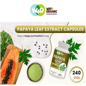 May include: A white bottle with a green label that says "Way4 Organic Papaya Leaf Tablets 500mg 240 Tablets" and a picture of a papaya leaf. The bottle is sitting on a white surface with a papaya fruit, papaya seeds, and green powder.