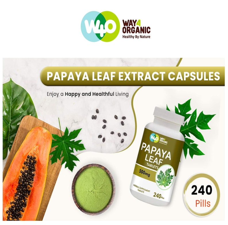May include: A white bottle with a green label that says "Way4 Organic Papaya Leaf Tablets 500mg 240 Tablets" and a picture of a papaya leaf. The bottle is sitting on a white surface with a papaya fruit, papaya seeds, and green powder.