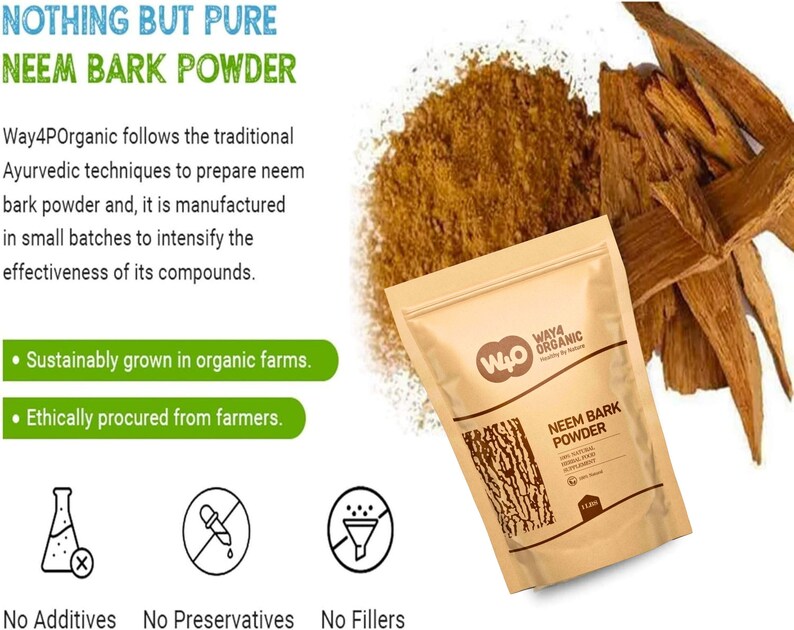 Może przedstawiać: Beżowa torebka Way4Organic Neem Bark Powder obok stosu brązowego proszku i kawałk&oacute;w kory. Na torebce widnieje napis "NEEM BARK POWDER" i "113g". Obraz zawiera r&oacute;wnież tekst "Nothing But Pure" i "No Additives".