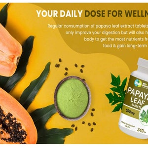 May include: A bottle of papaya leaf tablets with a green label that says "Wonic Organic Papaya Leaf Tablets 500mg Herbal Supplement Tablets 240 tabs". The bottle is on a yellow background with papaya fruit and leaves.