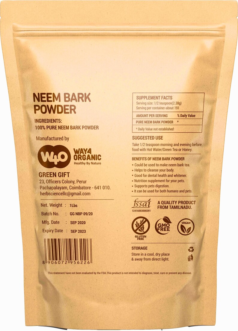 Może przedstawiać: Beżowa torba z proszkiem z kory neem z napisem "Neem Bark Powder" i "100% Pure Neem Bark Powder". Torba pochodzi od Way4 Organic i podaje wagę netto 454 gram&oacute;w. Zawiera r&oacute;wnież informacje o wartości odżywczej i sugestie dotyczące użytkowania.