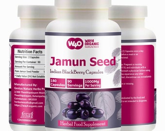 Jamun Seed Capsules - 180 Pills, 90 Servings, 1000 mg- (Indian BlackBerry - Eugenia Jambolana)