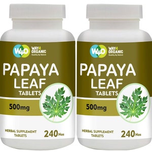 May include: Four brown bottles of papaya leaf tablets, each containing 240 tablets and 500mg of papaya leaf extract. The bottles are labelled "Way 4 Organic" and feature a green papaya leaf illustration.