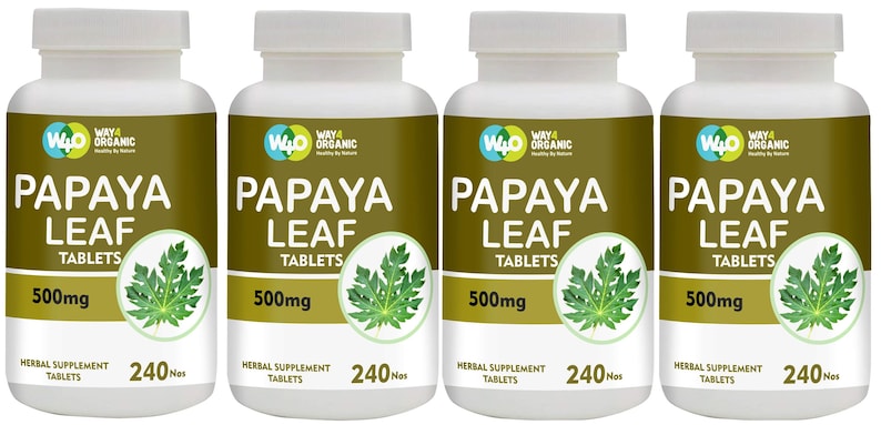 May include: Four brown bottles of papaya leaf tablets, each containing 240 tablets and 500mg of papaya leaf extract. The bottles are labelled "Way 4 Organic" and feature a green papaya leaf illustration.