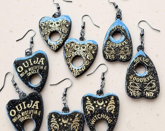 Ouija Planchette Earrings, Black & Gold Glitter Planchette Pendant Earrings, Magic Occult Witch Earrings, Witching Hour Gothic Earrings