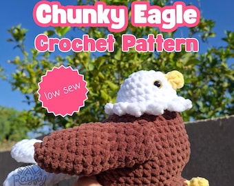 May include: A chunky crochet eagle toy with a white head, brown body, yellow beak, and yellow feet. The text "Chunky Eagle Crochet Pattern" and "low sew" are visible. A small logo with the text "Rayfuy Creations" is on the white wing tip.