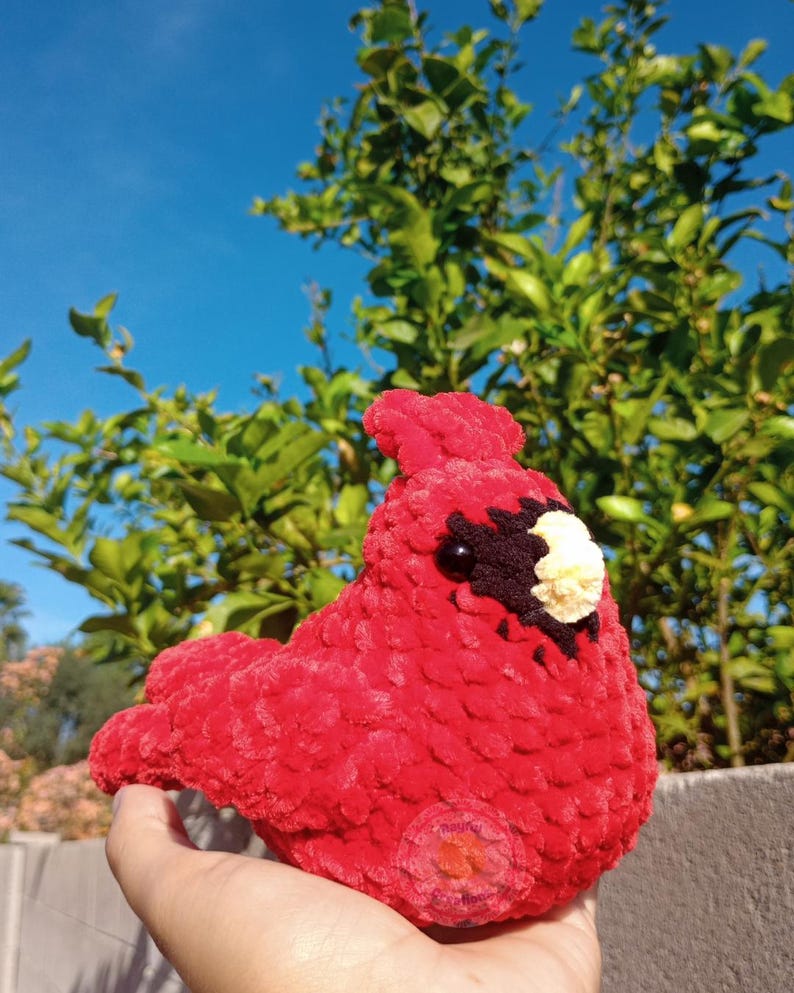 May include: A bright red crocheted cardinal bird plush toy with a soft, textured yarn finish. The bird features a small black patch around its dark eye and a light cream-colored beak. The plush is crafted with a visible, chunky stitch pattern.