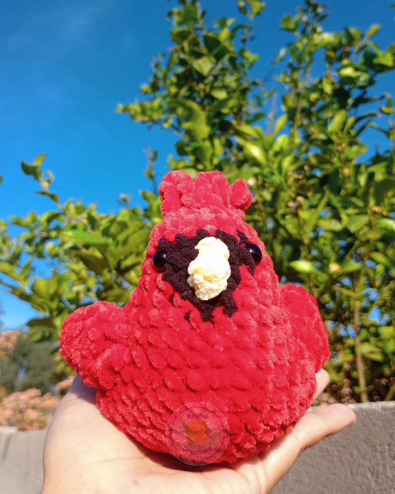 May include: A bright red crocheted cardinal bird plush toy with a soft, fuzzy texture. It features a black mask around the eyes, a small white beak, and two dark, round plastic eyes. The bird has a rounded body shape with small wings.
