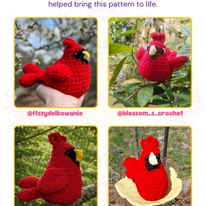 May include: Four images of a red crocheted cardinal bird toy with a yellow beak and black face markings. The text reads: Big thank you to my pattern testers who helped bring this pattern to life. Page 8 and 2026 Rayful Creations. All rights reserved.
