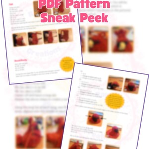 May include: A digital document titled PDF Pattern Sneak Peek featuring instructional text and multiple small, blurred photographs showing steps for creating a red, plush, bird-like object. The layout includes headers and yellow circular accents.