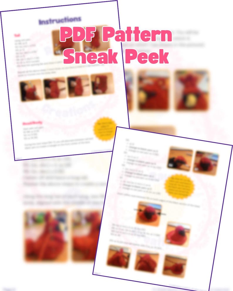 May include: A digital document titled PDF Pattern Sneak Peek featuring instructional text and multiple small, blurred photographs showing steps for creating a red, plush, bird-like object. The layout includes headers and yellow circular accents.