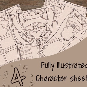 5th edition dungeons and dragons 4 illustrated character sheets and pack, printable 5e char sheet, playable character download page DND, D&D
