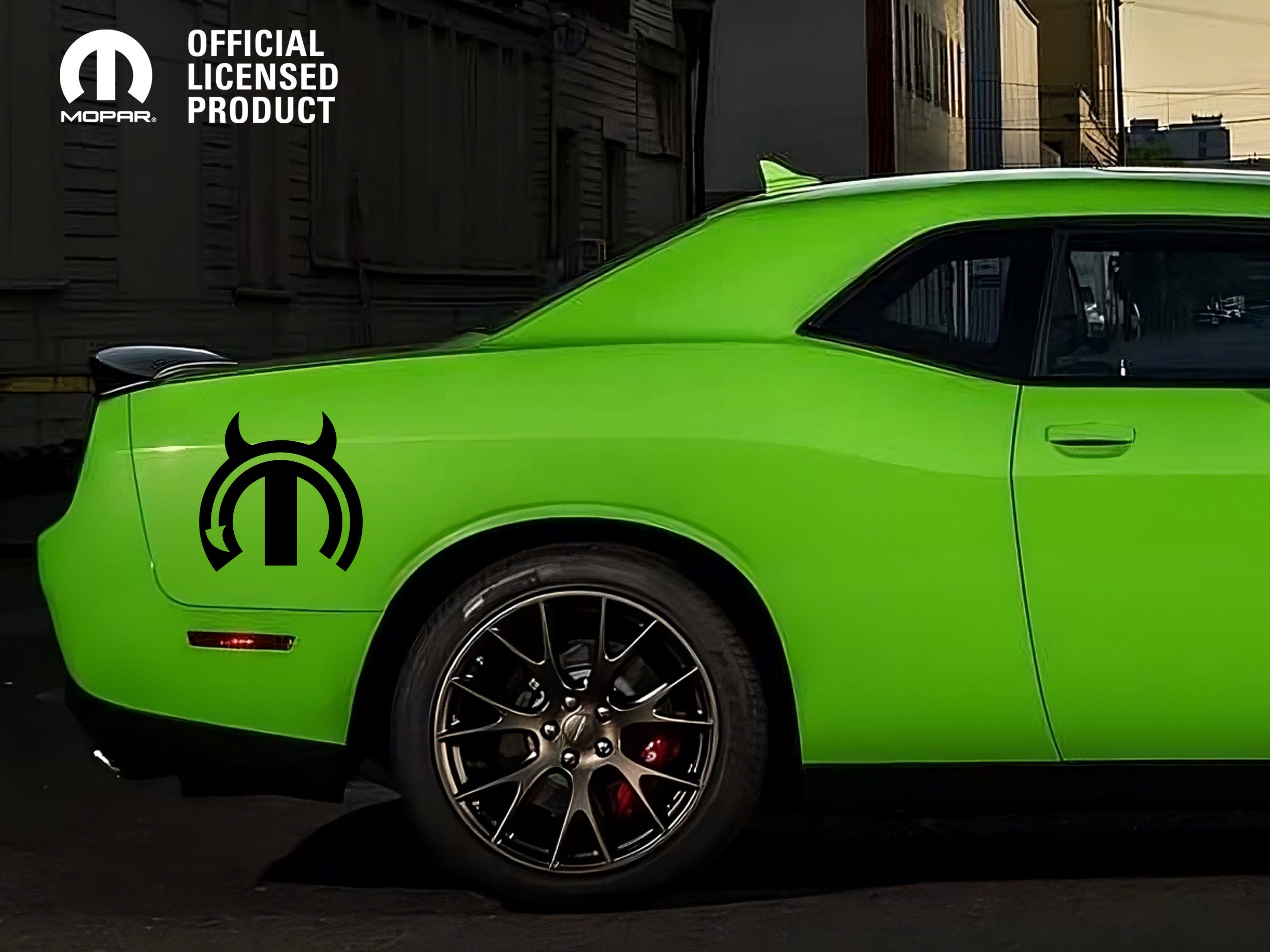 MOPAR Devil Logo Side Graphics for Dodge Challenger (Set Of 2 Decals) (Mopar Licensed) (Custom Colors)