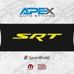 May include: Black rectangular graphic with the yellow letters "SRT". The Apex Auto Styling logo is at the top, with "Customizable" and the Mopar official licensed product logo at the bottom.