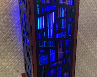 Tiki Torch Pendant Lamp – Blue Resin Inlay, Bamboo Reed Screen