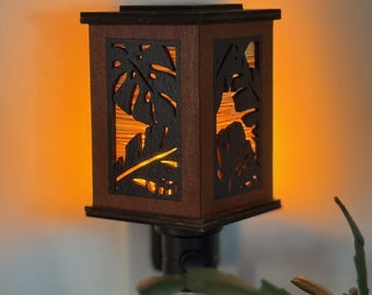 Handcrafted Wood Flicker Flame Nightlight - Tropical Leaves Design