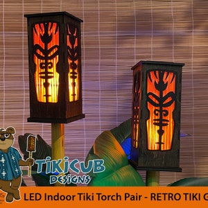Retro Tiki God Torch Set – Indoor LED Flickering Light, Hand Sculpted Wood