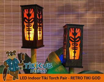 Tiki Torch Set (pair) Indoor Flickering Low-Voltage with Retro Tiki God Pattern - Made of Wood with Hand Sculpted Pole
