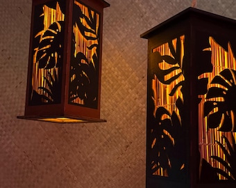 Tropical Leaves Tiki Hanging Lamp Pendant with Flickering Flame Bulb
