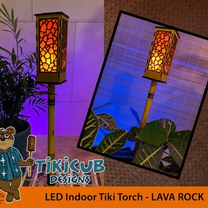 Single Tiki Torch, Indoor Low-Voltage Set with Stand and Plant Spike and Original Lava Rock Pattern - Made of Wood