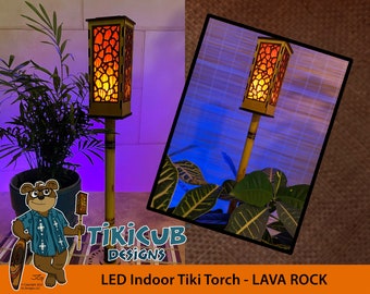 Handmade Indoor LED Tiki Torch, Lava Rock Pattern, Bamboo Stand