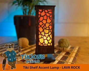Small Tiki Shelf Accent Lamp, Indoor Low-Voltage Lava Rock Wall Pattern - Made of Wood
