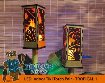 Tiki Torch Set (pair) Indoor Flickering Low-Voltage with Tropical Leaf Pattern - Made of Wood with Hand Sculpted Pole