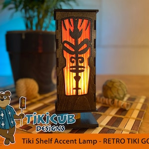 Small Tiki Shelf Accent Lamp, Indoor Low-Voltage Retro Tiki God Pattern - Made of Wood