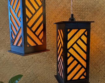 Polynesian Woven Tiki Pendant Lamp – Birch Wood, Burlap Screens