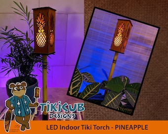 Handmade Indoor LED Tiki Torch, Pineapple Pattern, Tabletop Stand and Plant Spike