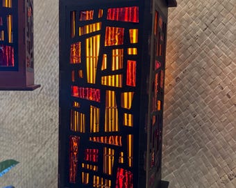 Tiki Lamp Pendant - Flame Red Resin Inlay, Bamboo Reed Screen